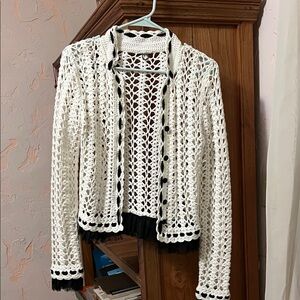 White Crochet Cardigan with Black Accents